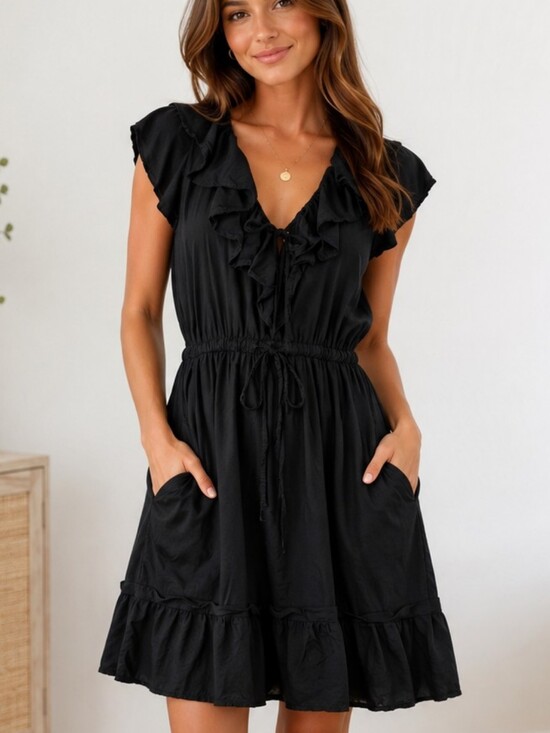 Old Navy Dresses & Skirts - Old Navy Mini Dress Black Ruffle Elastic Tie-Waist Sz M Whimsy Romantic Country
